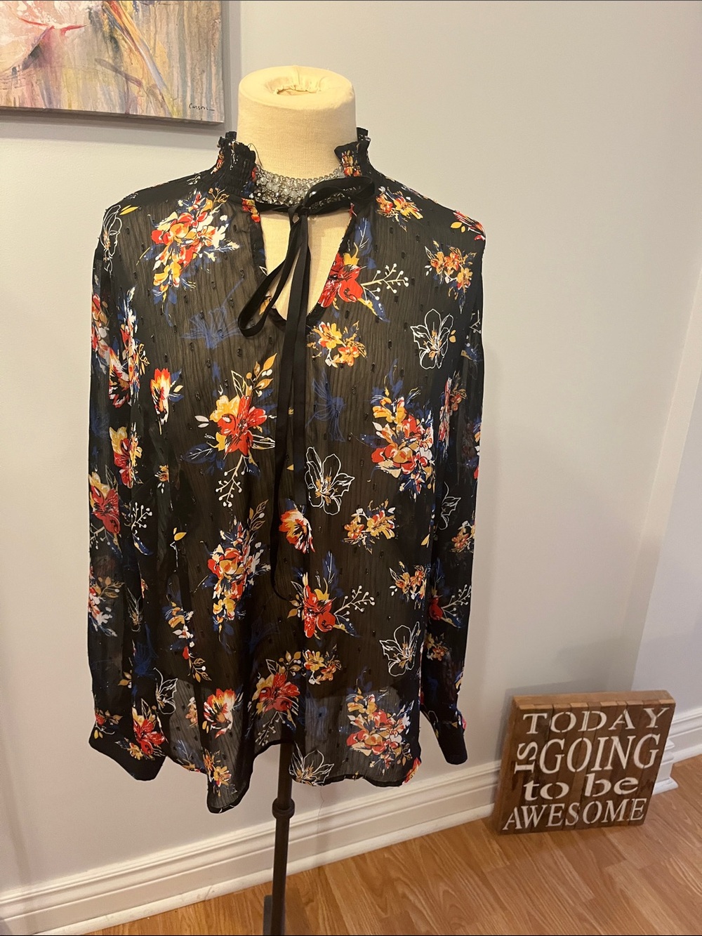 😍CLEARANCE- GEORGE Black Sheer Floral Tie Neck, Long Sleeve, Swiss Dot Blouse XL - Picture 2 of 12
